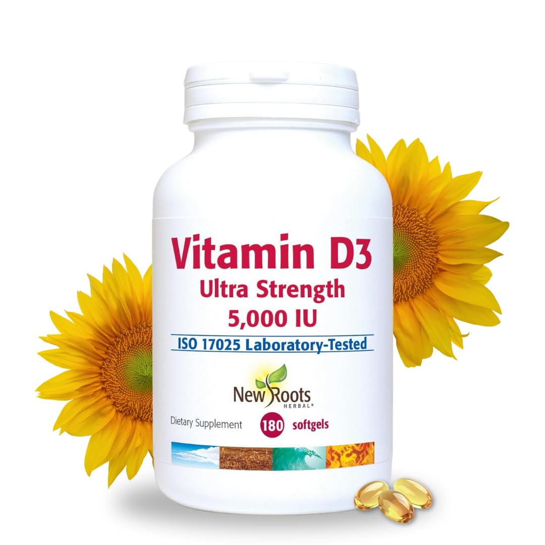 NEW ROOTS HERBAL Vitamin D3 Softgels 5000 IU with Vitamin E, 180 count