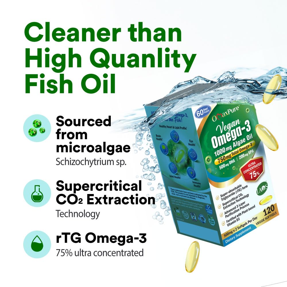 LABO Nutrition OmaxPure Vegan Omega-3 Algae Oil 750mg — Plant-Based EPA & DHA Omega-3 Supplement for Heart, Brain & Eye Health Softgels 120