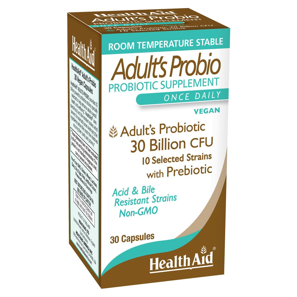 HealthAid Adults Probiotic Capsule 30 Billion CFU – 10 Strains with Prebiotic – Digestive & Microbiome Support – Vegan, Acid & Bile Resistant – 30 Capsules