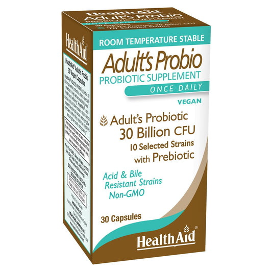 HealthAid Adults Probiotic Capsule 30 Billion CFU – 10 Strains with Prebiotic – Digestive & Microbiome Support – Vegan, Acid & Bile Resistant – 30 Capsules