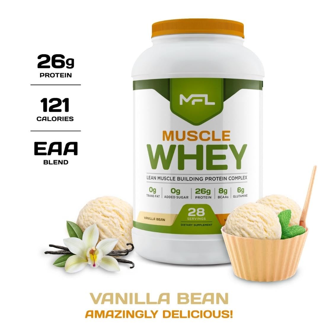 MUSCLE FOOD LABS Muscle Whey Protein Powder, Vanilla Bean, 2 lb, 32 Servings
