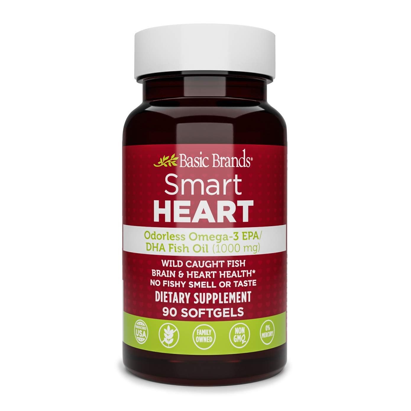 Basic Brands Smart Heart Odorless Omega-3 Fish Oil 1000 mg Softgel 90 Count