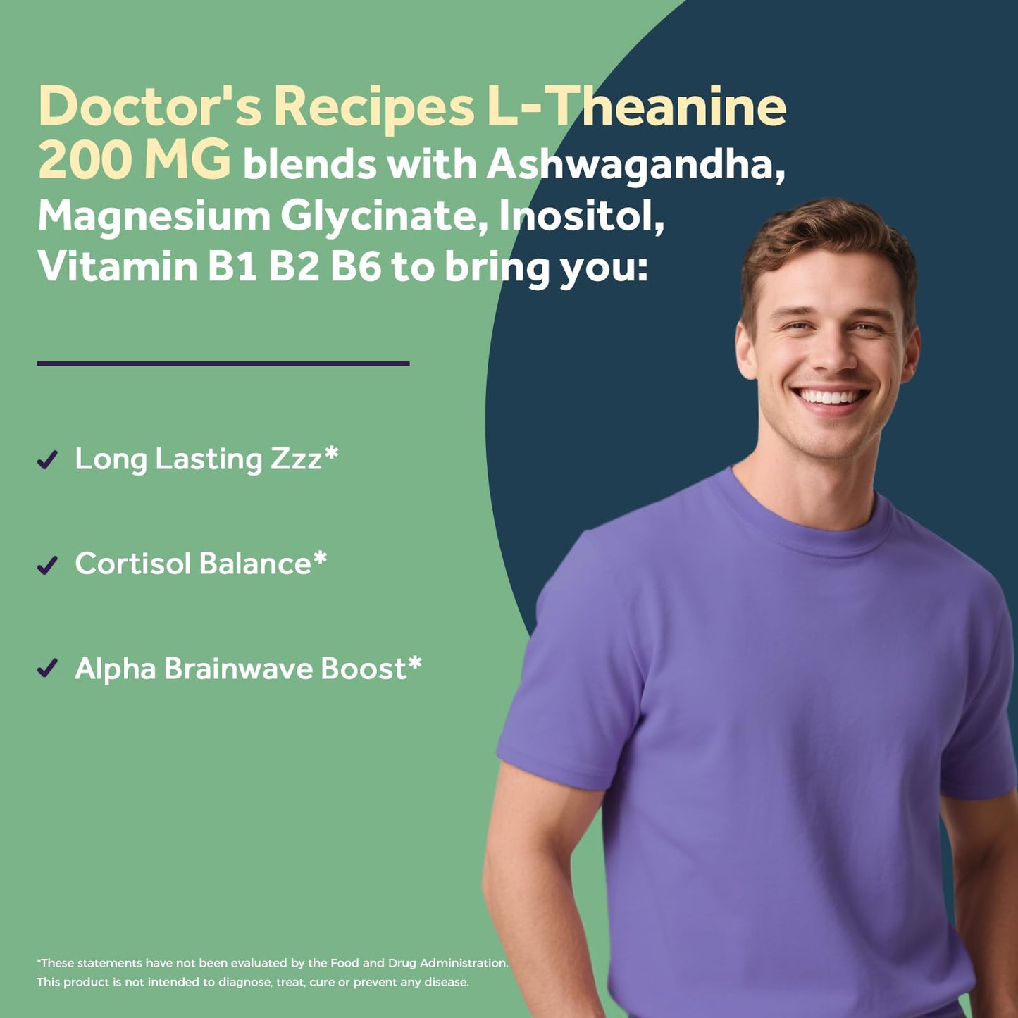 Doctor's Recipes L-Theanine 200 mg, Magnesium Glycinate, Ashwagandha, Inositol, Vitamin B6 B1 B2 Calm Relaxation Mood Cortisol Manager Nerve Focus Sleep Aid, Vegan Capsules, 90 Count