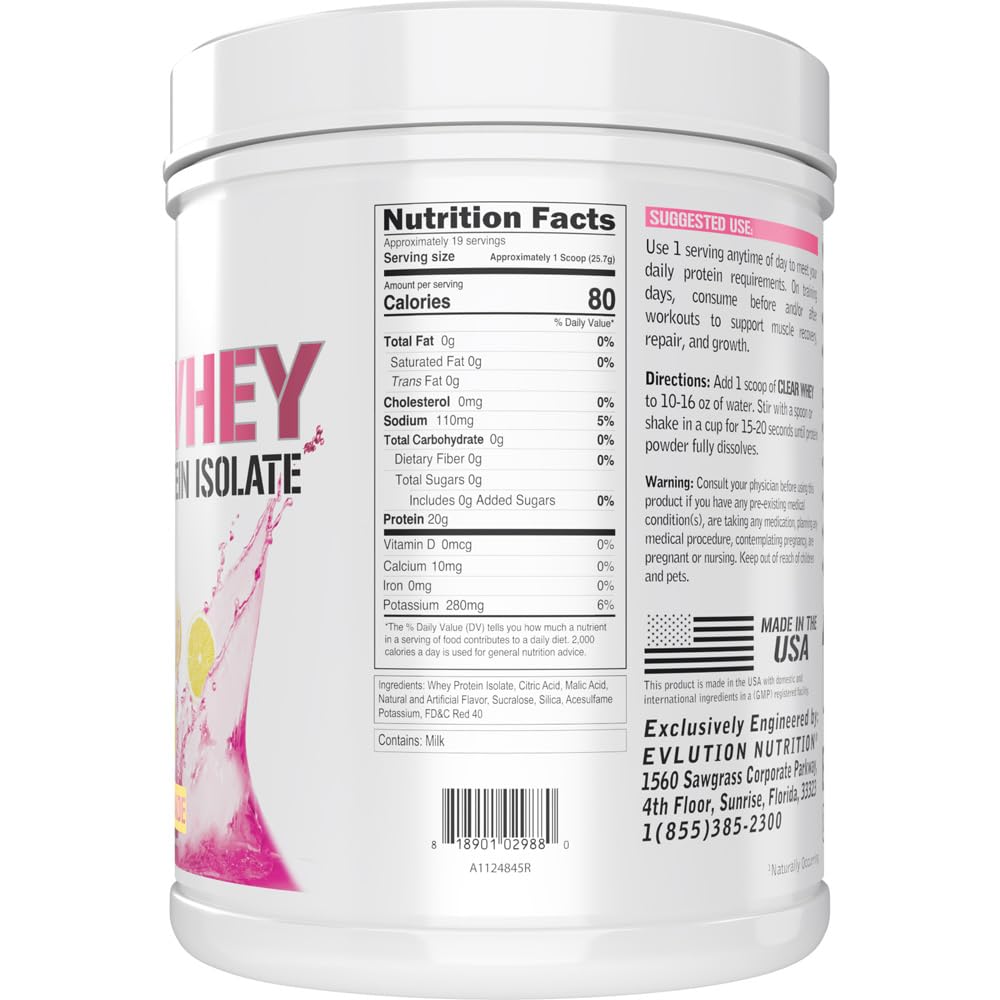 Evlution Clear Whey Protein Isolate Powder 17.6 oz Pink Lemonade