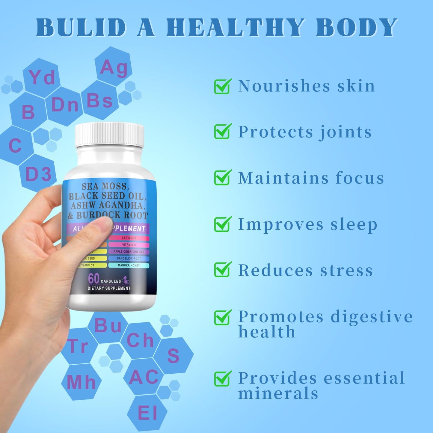Pyzor Sea Moss Black Seed Oil Ashwagandha Turmeric Bladderwrack Burdock Elderberry Manuka Dandelion Burdock Root Vitamin D3 Chlorophyll Capsules, 60 Count