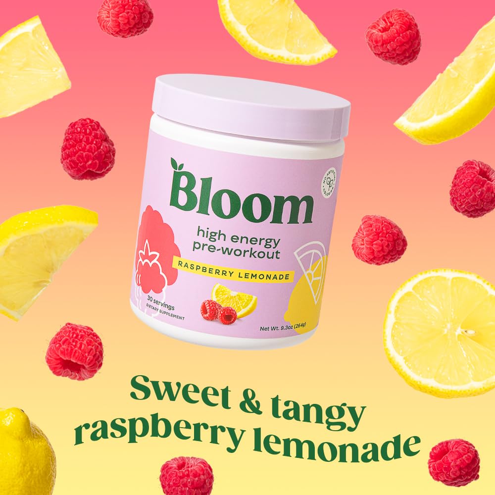 Bloom Nutrition Pre Workout Powder Raspberry Lemonade 9.3 Ounce, 30 Servings