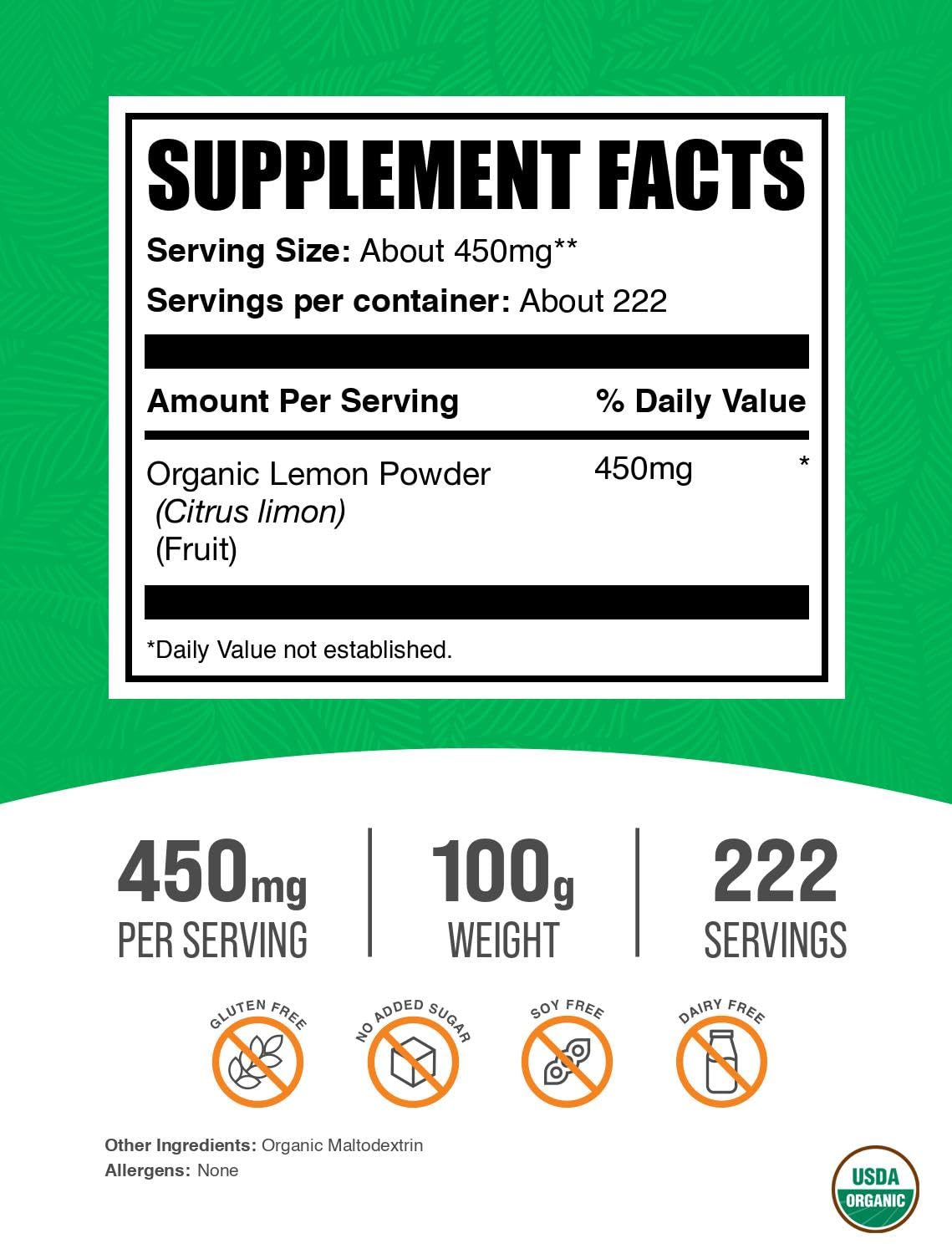 BulkSupplements Organic Lemon Powder, 3.52 oz
