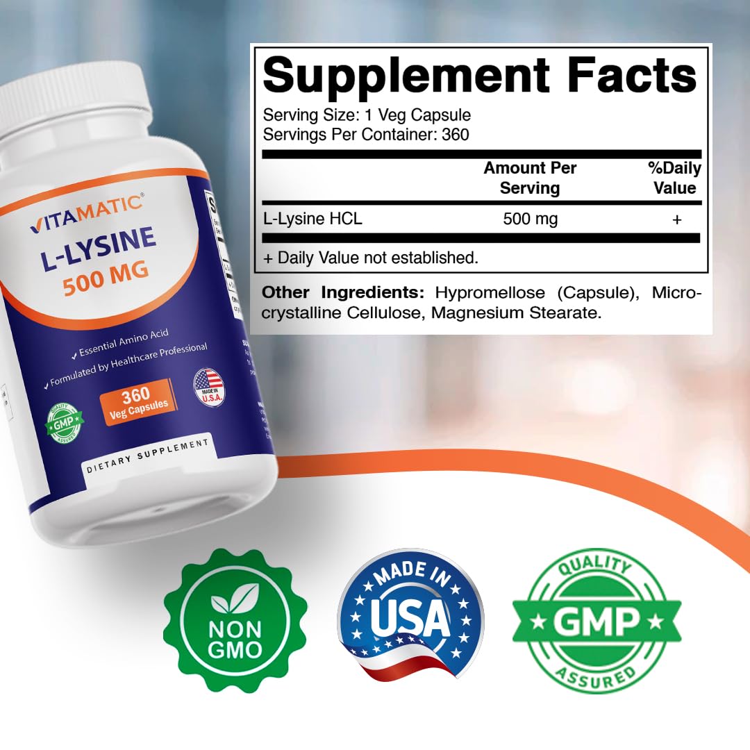 Vitamatic L-Lysine 500 mg Capsules, 360 Count