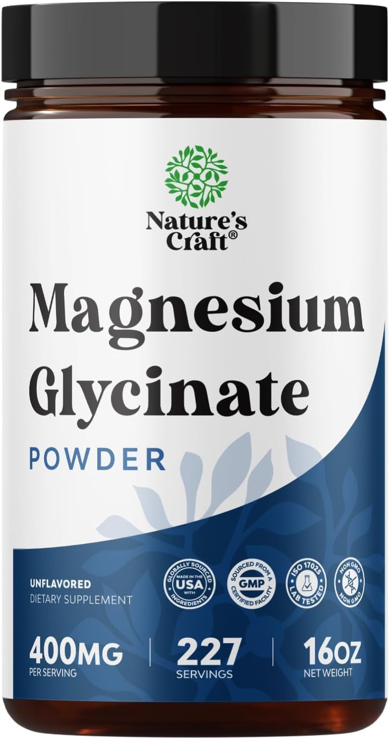 Natures Craft Potent Magnesium Glycinate Powder 400mg, 16 oz