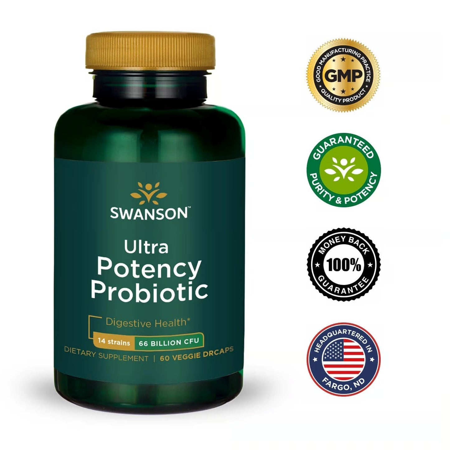 Swanson Ultra Potency Probiotic Digestive Health Immune System Support 66 Billion CFU Prebiotic NutraFlora scFOS 120 Veggie Capsules