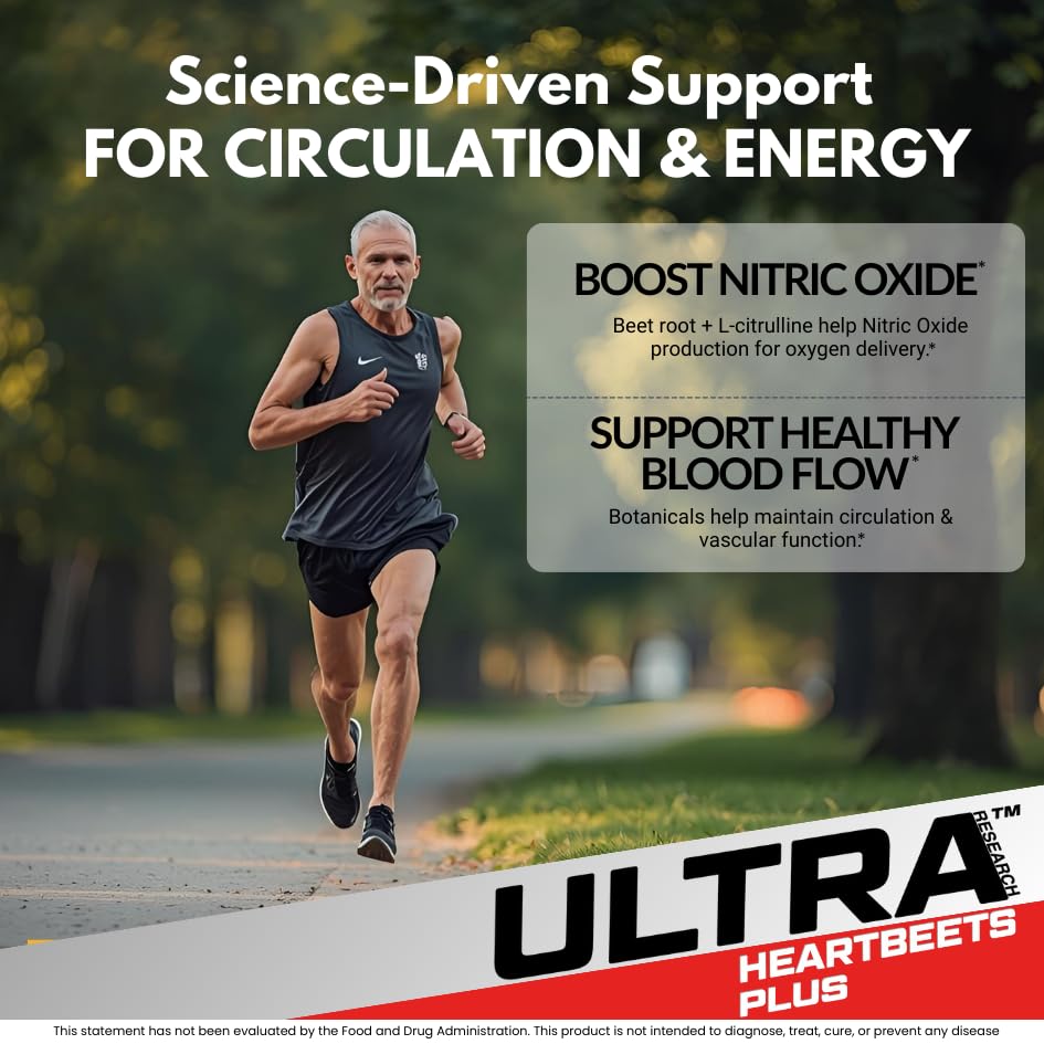 Ultra Research HeartBeets Plus Beet Root, L-Arginine, L-Citrulline, 10-in-1 Circulation Formula - Nitric Oxide Booster, Cardiovasular and Heart Health Supplement, 90 Tablets