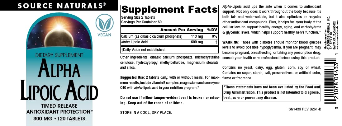 Source Naturals Alpha Lipoic Acid Time Released Antioxidant Protection 120 Tablets