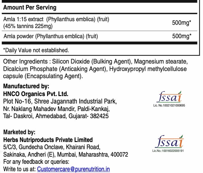 Pure Nutrition Natural Treasures Amla Capsules (Indian Gooseberry) 1000 mg per Serving, 60 Veg Capsules