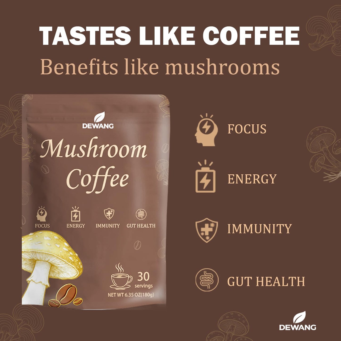 DEWANG Mushroom Coffee 6-Mushroom Instant Blend Powder with Lion’s Mane, Cordyceps, Reishi, King Trumpet, Shiitake & Turkey Tail, 6.35 Ounce