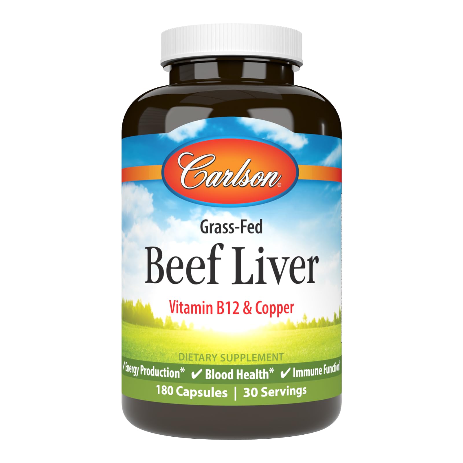 Carlson Grass-Fed Beef Liver with Iron & Copper, Supports Blood Health & Energy, Red Blood Cell Production, 180 Capsules