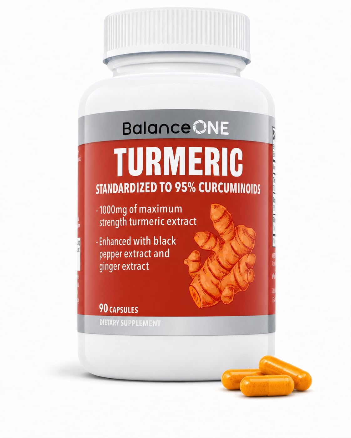 Balance ONE Turmeric Extract 1000mg Capsule, 90 Count with 95% Curcuminoids, Black Pepper Piperine & Ginger for Joint Comfort & Antioxidant Support