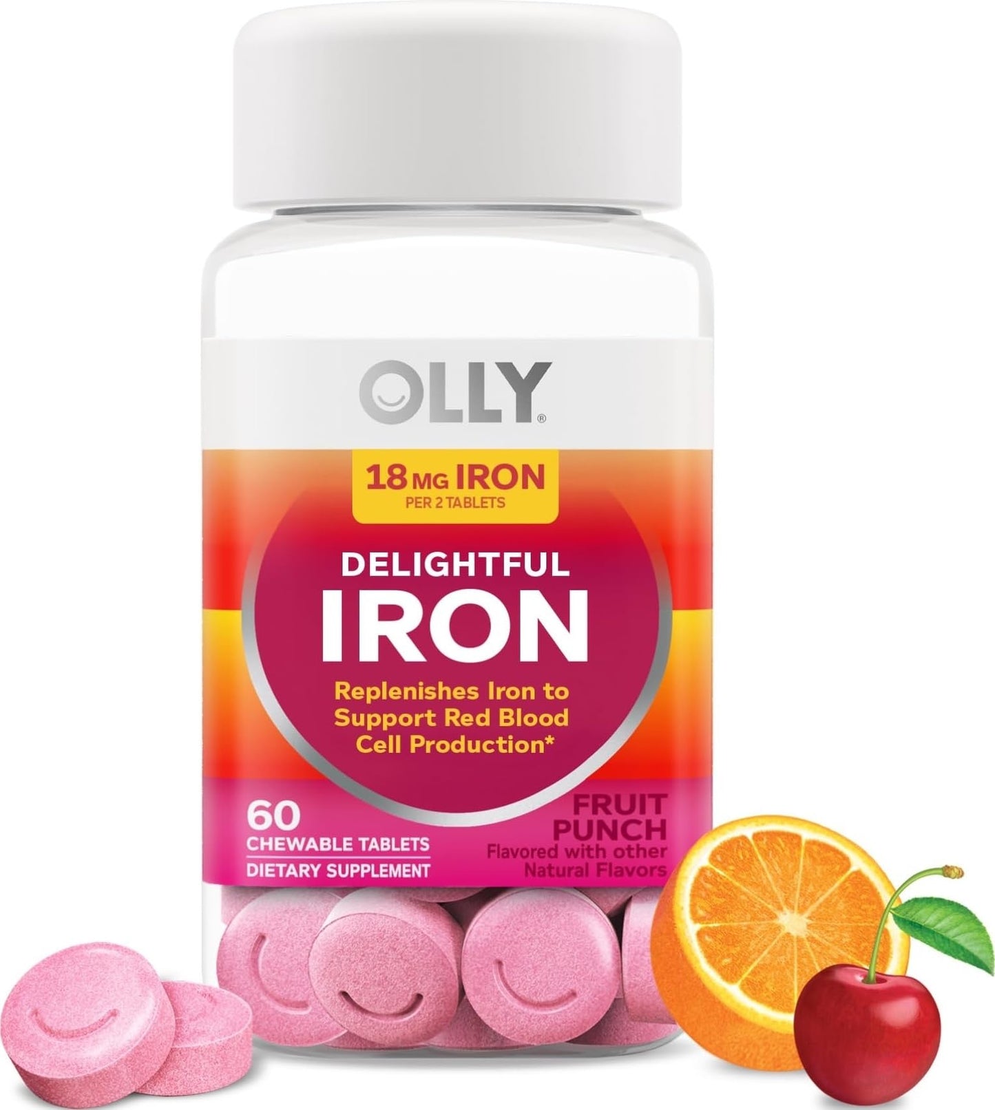 OLLY Delightful Iron Chewable Tablet, 18 mg Iron, Fruit Punch, 60 Tablets