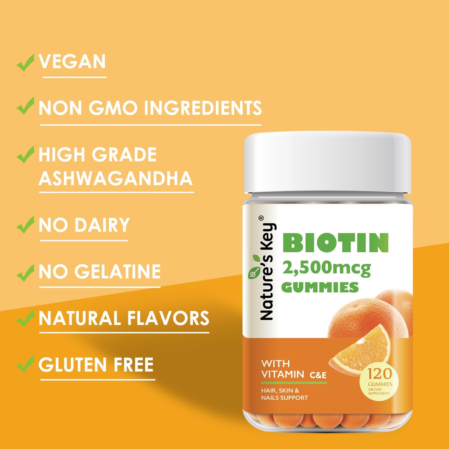 Nature's Key Biotin Gummies with Vitamin C and E, for Hair & Nails Growth and Beautiful Skin, Vegan, Orange Flavor, 120 Gummies