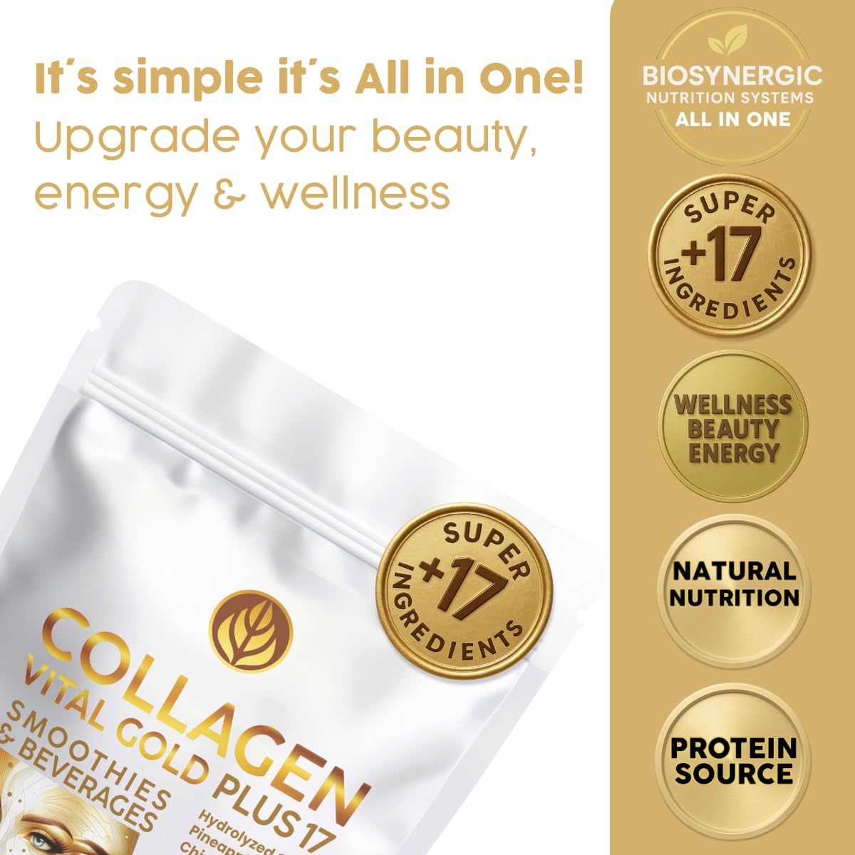 Gold Vital Life Collagen Peptides Powder - Hydrolyzed Collagen with +17 Super Ingredients, 16 oz