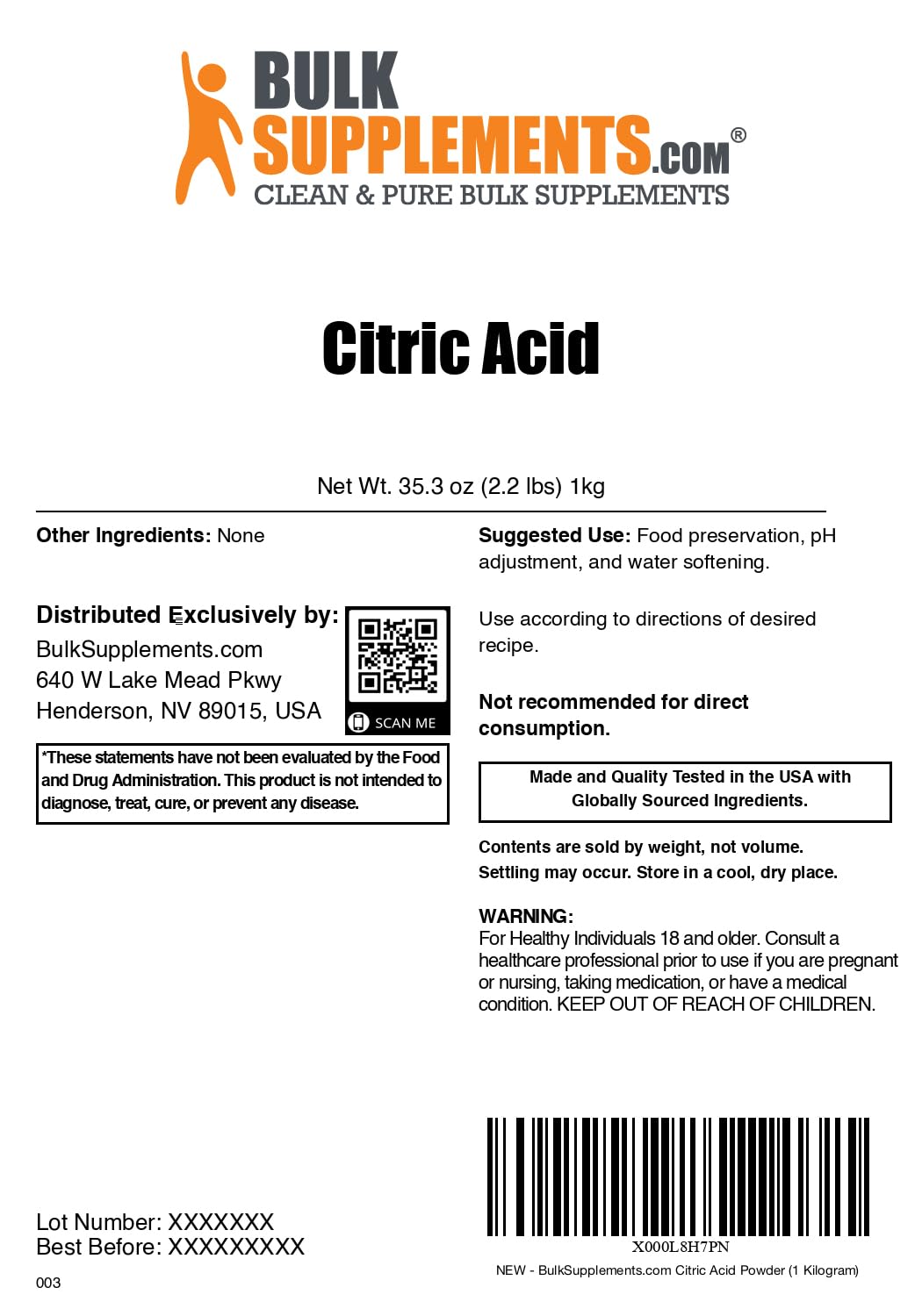 BulkSupplements Citric Acid Powder, 35.27 oz