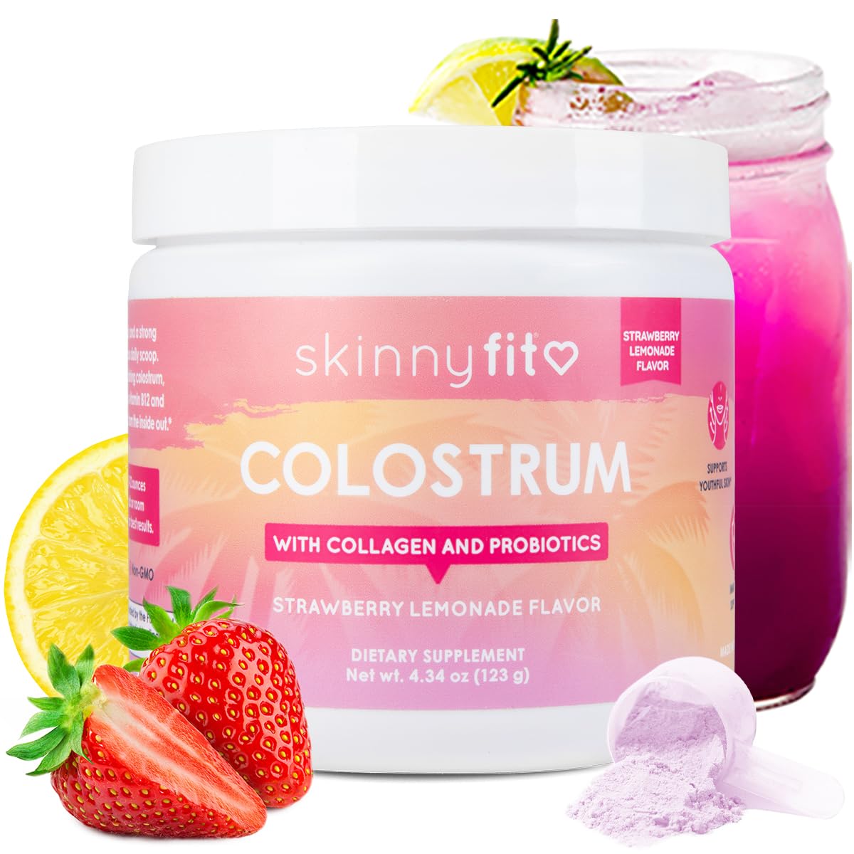 SkinnyFit Colostrum Powder (Strawberry Lemonade) - Collagen Peptides, Probiotics, Vitamin B12 - Supports Immunity, Skin & Gut Health, 4.34 Ounce