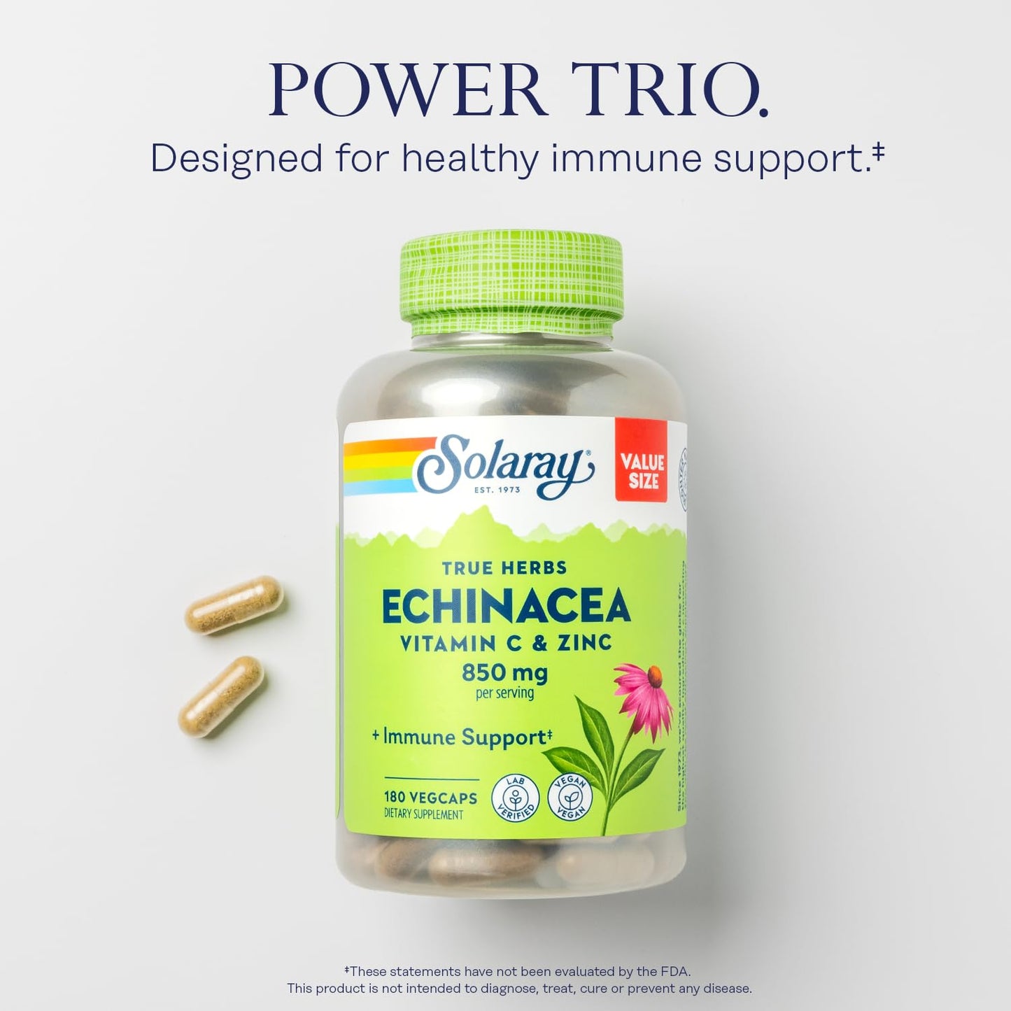 Solaray Echinacea with Vitamin C & Zinc Immune Support Capsule, 180 Capsules