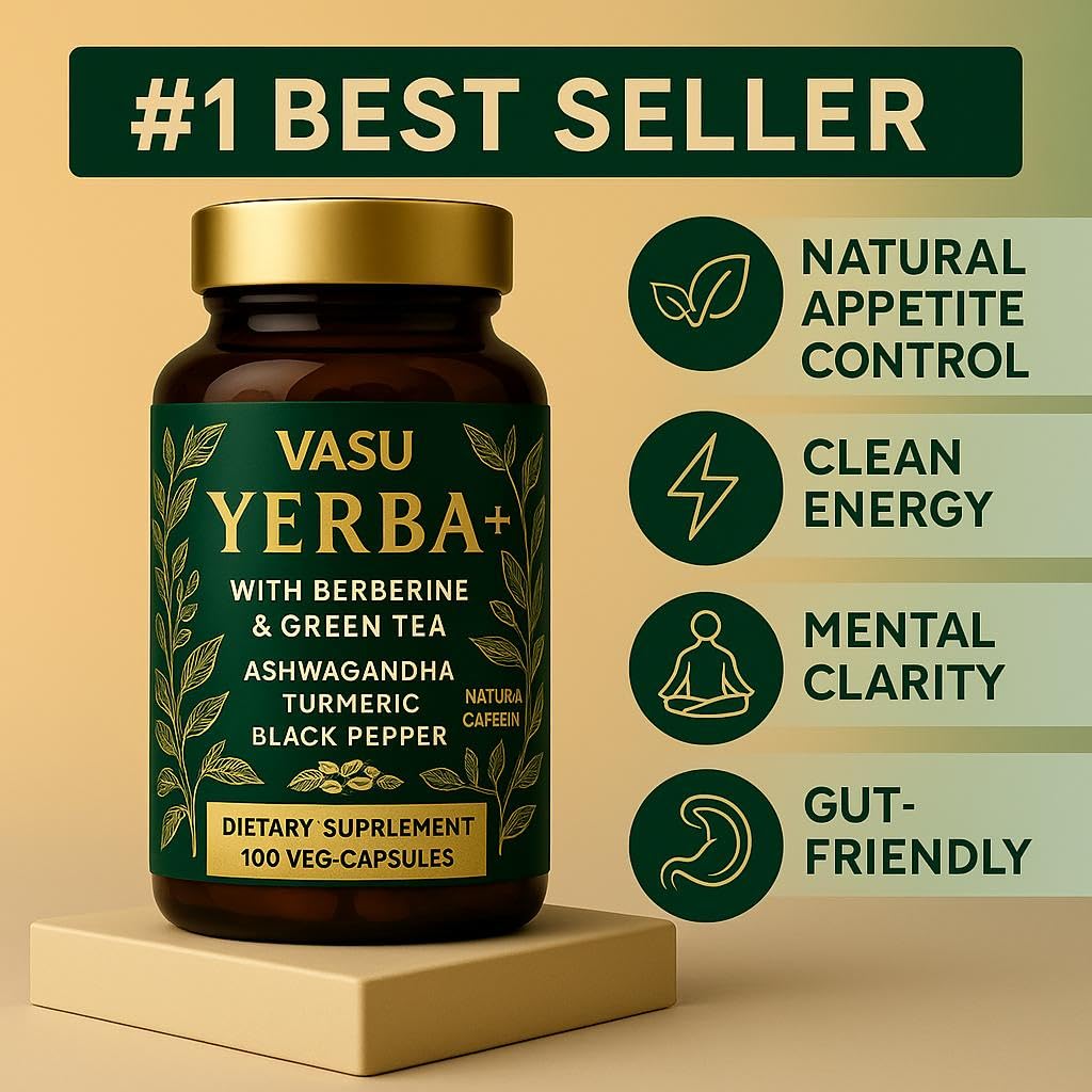 Vasu Yerba+ Yerba Mate Capsules 9-in-1 Blend with Barberry & Green Tea, Ashwagandha, Amla, Turmeric & Ginger – Herbal Supplement for Energy, Focus & Digestive Support, 100 Vegan Capsules