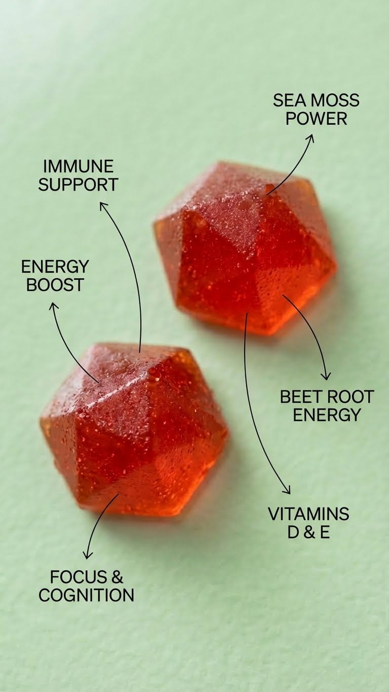 BDE Wildcrafted Sea Moss Gummy Maca Root, Beets, Lions Mane Mushroom, Vitamin D + E - Vegan Collagen, Zinc, Immunity & Detox, Gut Health, 60 Count