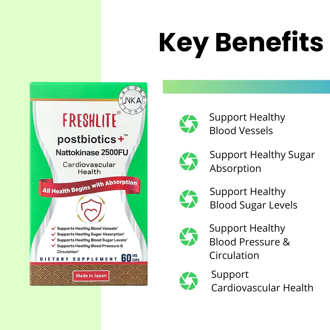 FRESHLITE Blood Pressure, Sugar Levels & Cardio Health Nattokinase 2500FU + Natural Postbiotics Capsule, 60 Count