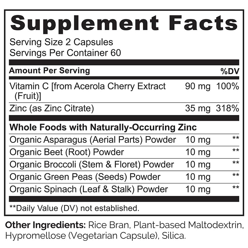 NATURELO Vegan Zinc Immune Support Capsules with Vitamin C, 120 Capsules