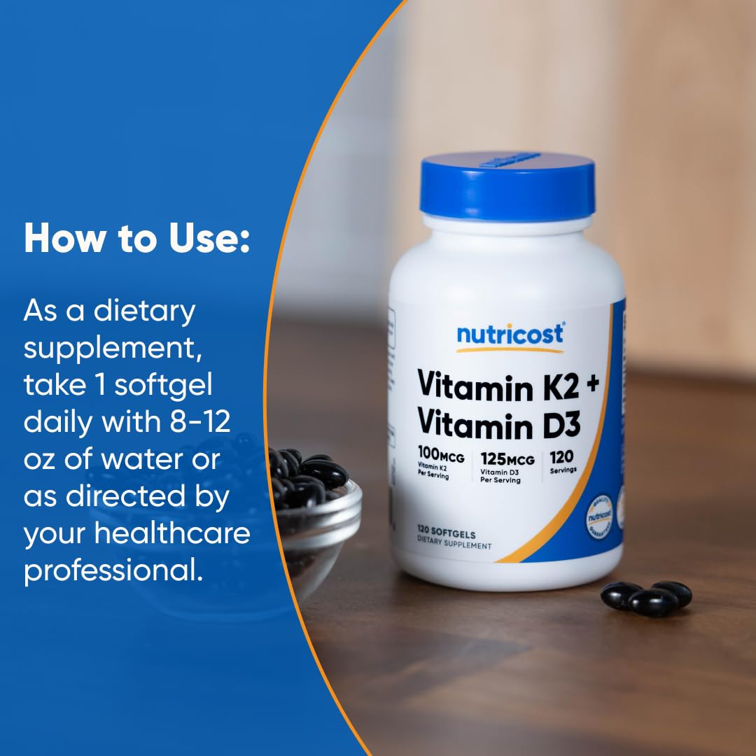 Nutricost Vitamin D3 + K2 (5000 IU D3 / 100mcg MK7) Softgels 120