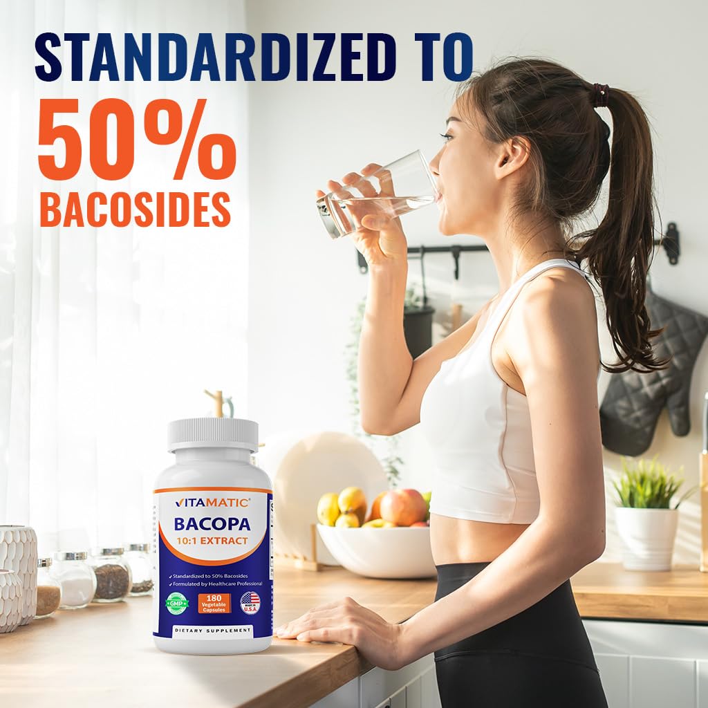 Vitamatic Bacopa Monnieri 10:1 Plant-Based Botanical Extract Capsules 180 Count