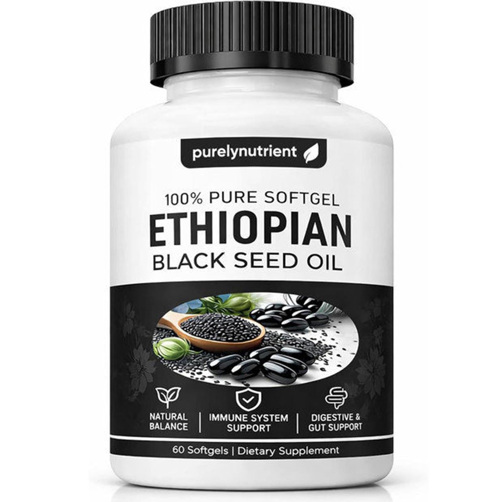 PURELYNUTRIENT Ethiopian Black Seed Oil Softgels, 60 Softgels