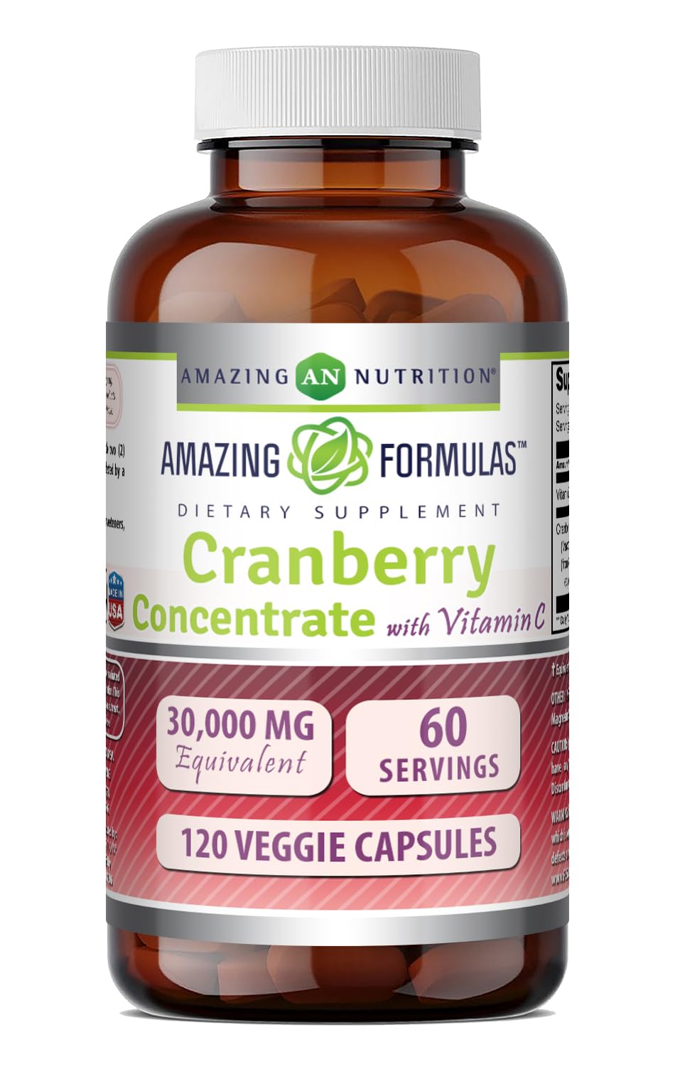 Amazing Nutrition Cranberry 600 mg 50:1 Concentrate with Vitamin C Capsule, 120 Count