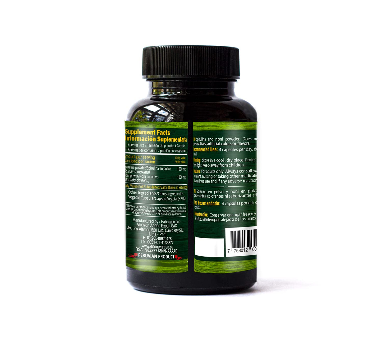 Amazon Andes Healthy Sustainable Fair Spirulina and Noni Capsules, 100 Count