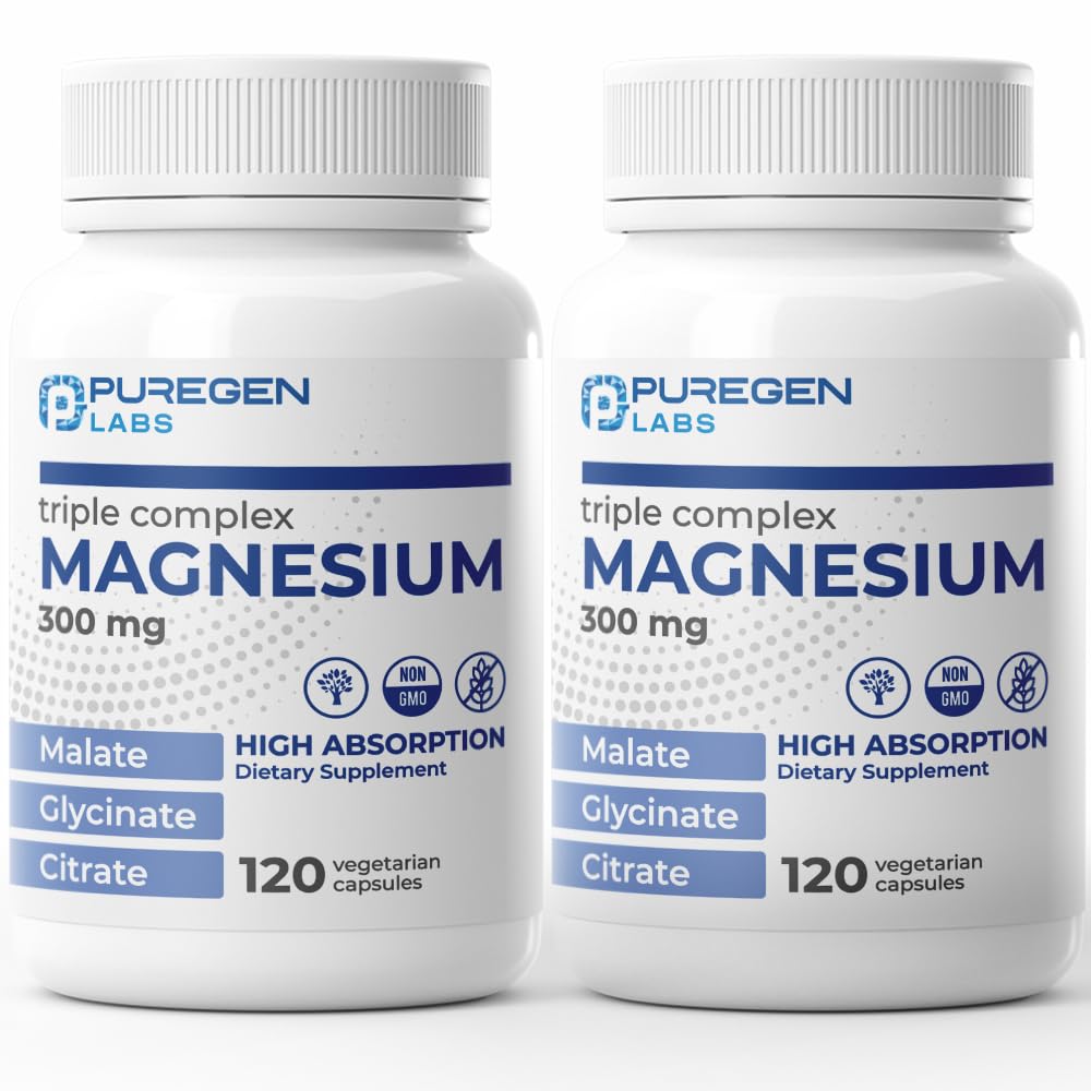 Puregen Labs Triple Magnesium Complex 300mg Magnesium Glycinate, Malate & Citrate [High Absorption] 240 Capsules