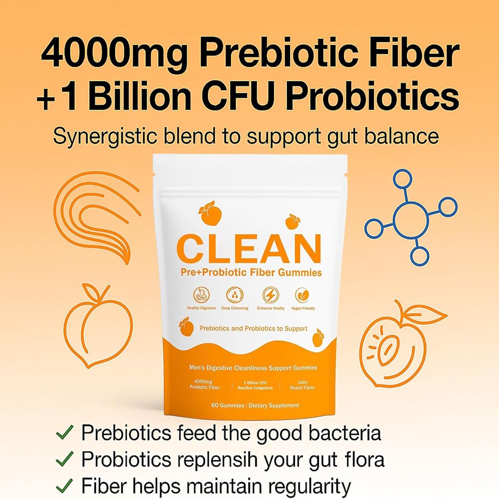 TADALAPRO Clean Prebiotic Fiber Gummies for Men, Pre+Probiotic Fiber Gummies, Gut Balance, Digestive Support & Daily Clean Confidence, Men's Cleaning Support Gummies, Peach Flavor, 60 Count