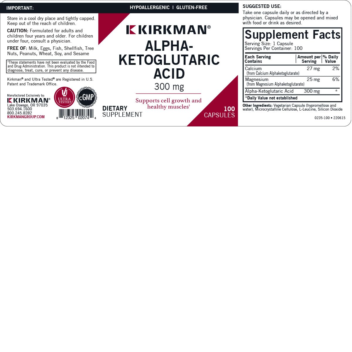 Kirkman Alpha-Ketoglutaric Acid 300 mg - Hypoallergenic, 100 Vegetarian Capsules