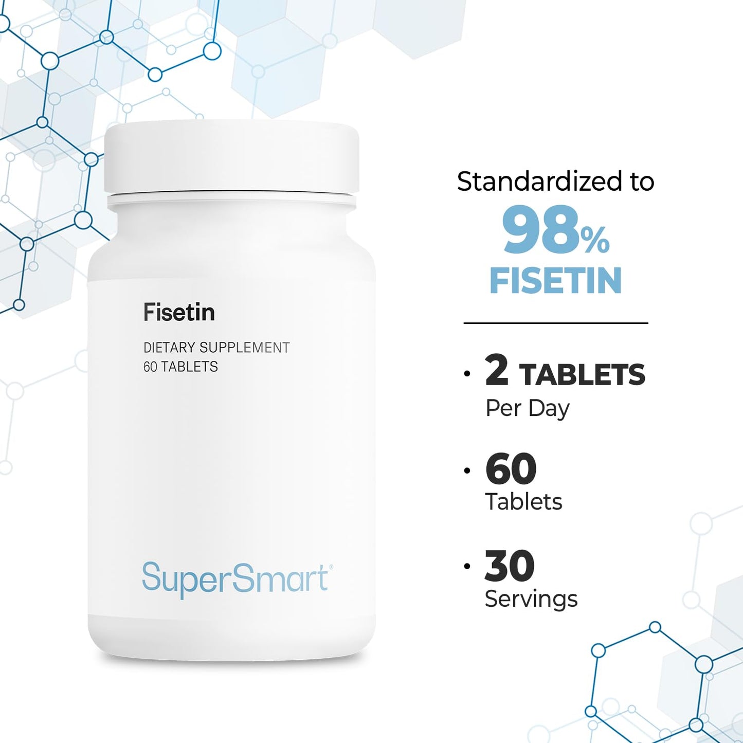 Supersmart Fisetin 500mg per Day (Easy-to-Take) - 98% Pure Fisetin Supplement - Highly Bioavailable Polyphenol - Potent Senolytic Activator | Non-GMO & Gluten Free - 60 Tablets