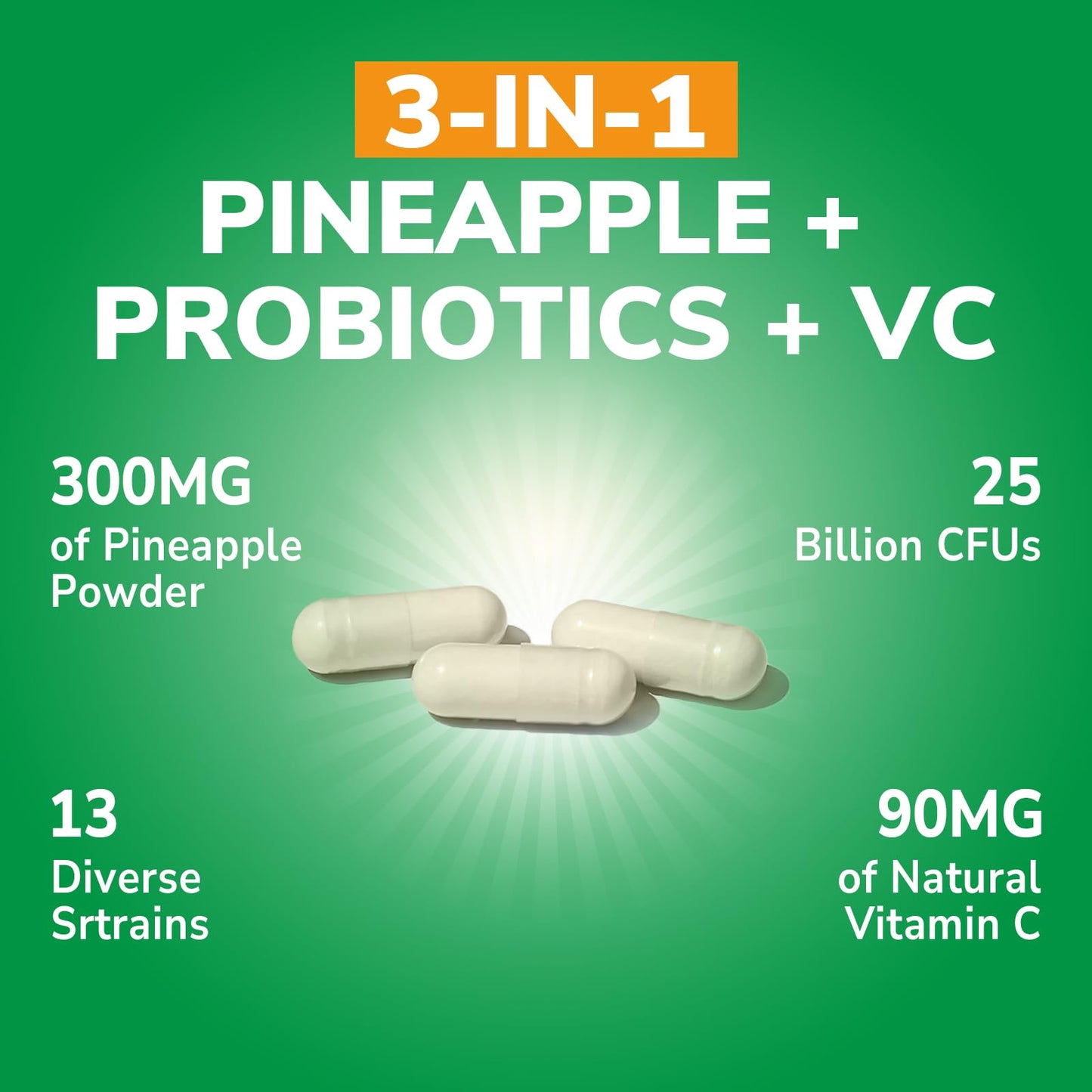 Vitalibre Pineapple + Probiotic 300 mg, 25 Billion CFUs, 13 Strains, Natural Vitamin C, Immune, Vaginal & Gut Health, Non-GMO, 30 Vegan Capsules