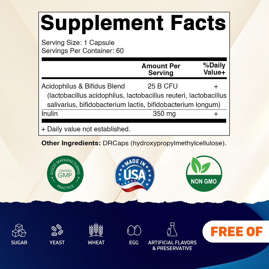 Vitamatic Acidophilus Bifidus 25 Billion DR Capsule 60 Count Digestive Support Made with Prebiotic Inulin Fiber