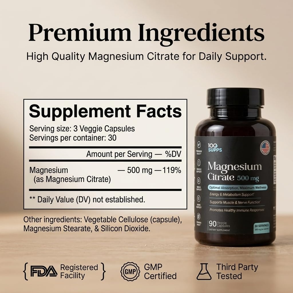 100 Supps Magnesium Citrate 500mg Capsule, 90 Capsules
