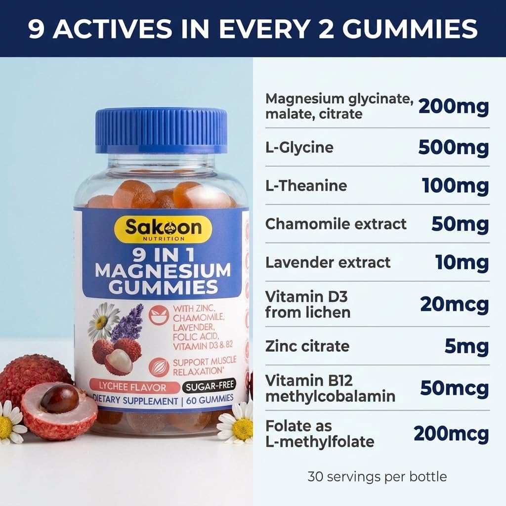 Sakoon Nutrition 9-in-1 Magnesium Glycinate Gummies, 60 Gummies