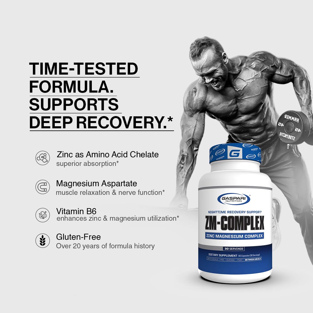 Gaspari Nutrition ZM-Complex Nighttime Muscle Recovery and Healthy Sleep Support, Zinc, Magnesium, Vitamin B-6, 90 Capsules