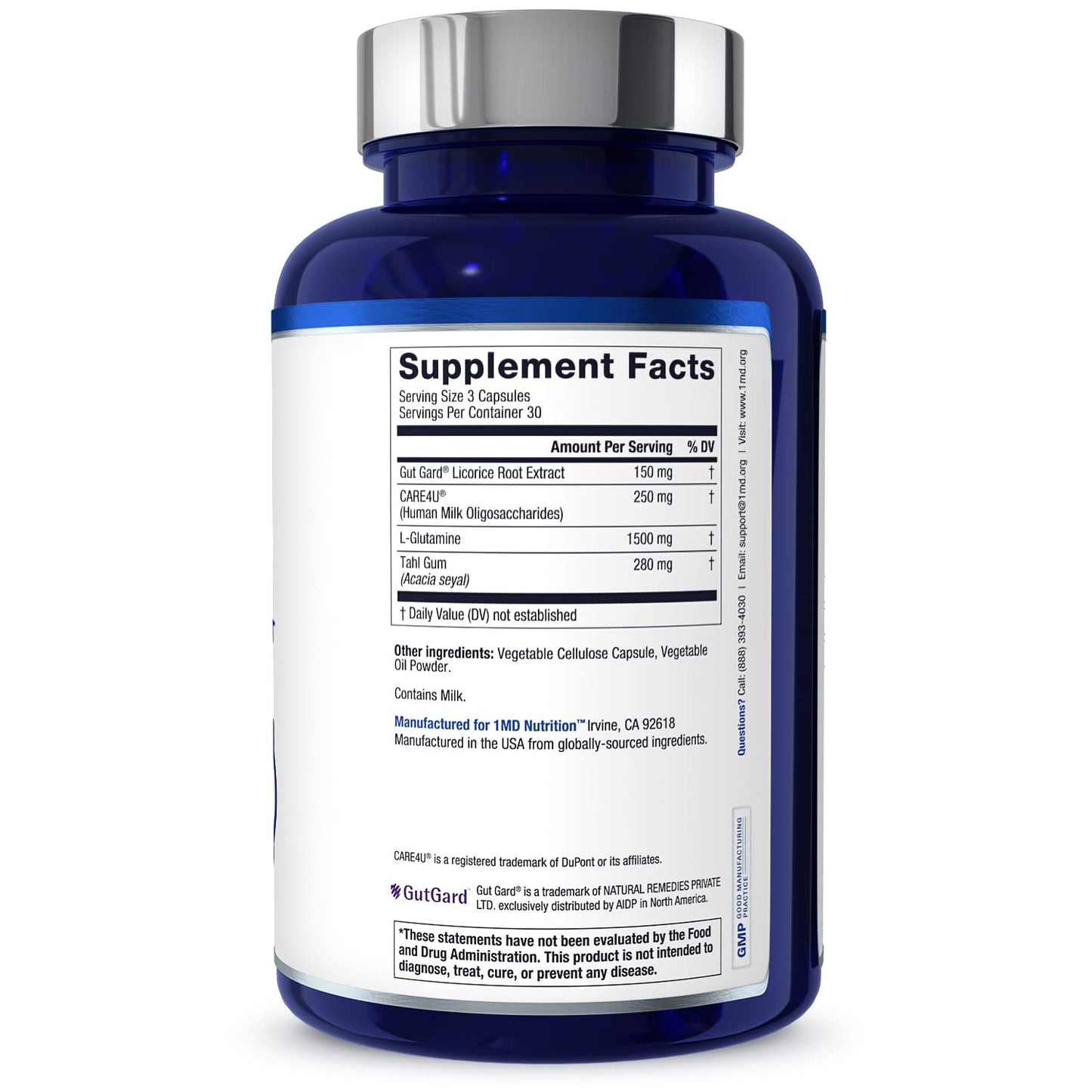 1MD Nutrition GutMD L-Glutamine and Prebiotic for Gut Integrity | Promote Digestive Tract Health, 180 Capsules