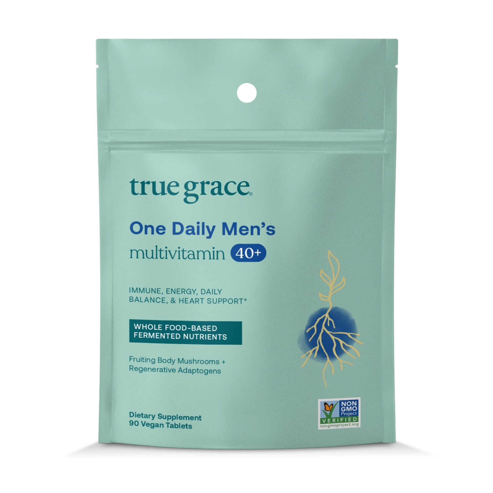 True Grace Men's 40+ One Daily Multivitamin with Fermented Minerals, Organic Adaptogens & Mushrooms Whole Body Balance Immune, Endurance, Bone & Heart Support, Non-GMO, 90 Tablets
