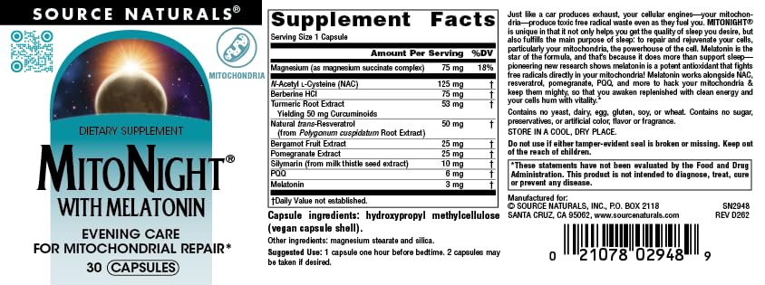Source Naturals MitoNight with Melatonin, 30 Capsules