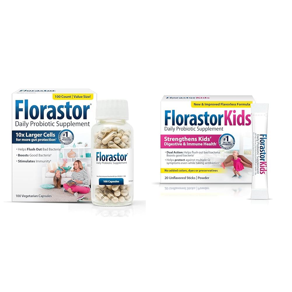 Florastor Family Probiotic Bundle, 100 ct Capsules + 20 ct Kids Daily Probiotic Powder Sticks