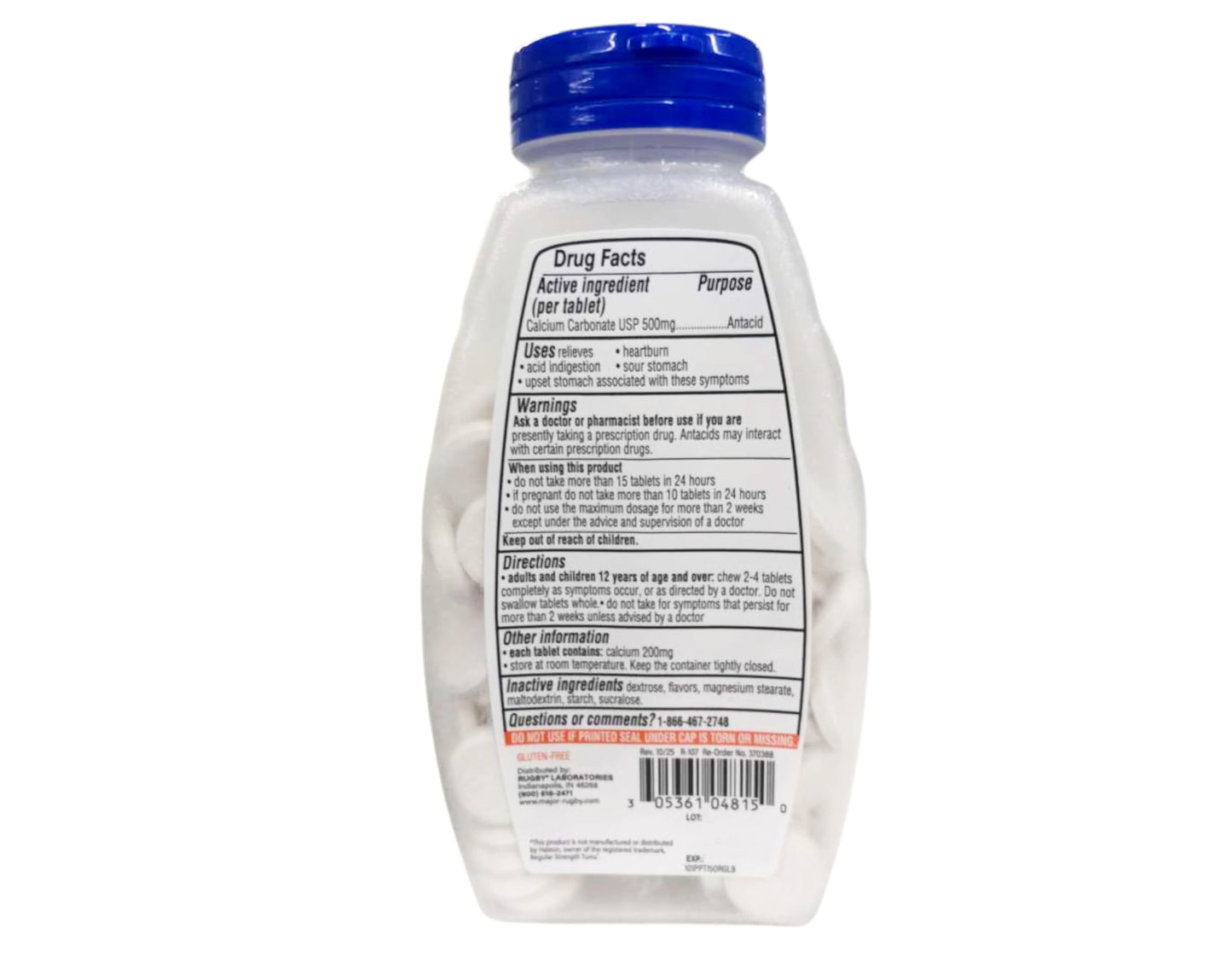 Rugby Laboratories Calcium Carbonate 500mg Antacid Tablets Peppermint Regular Strength, 900 Tablets