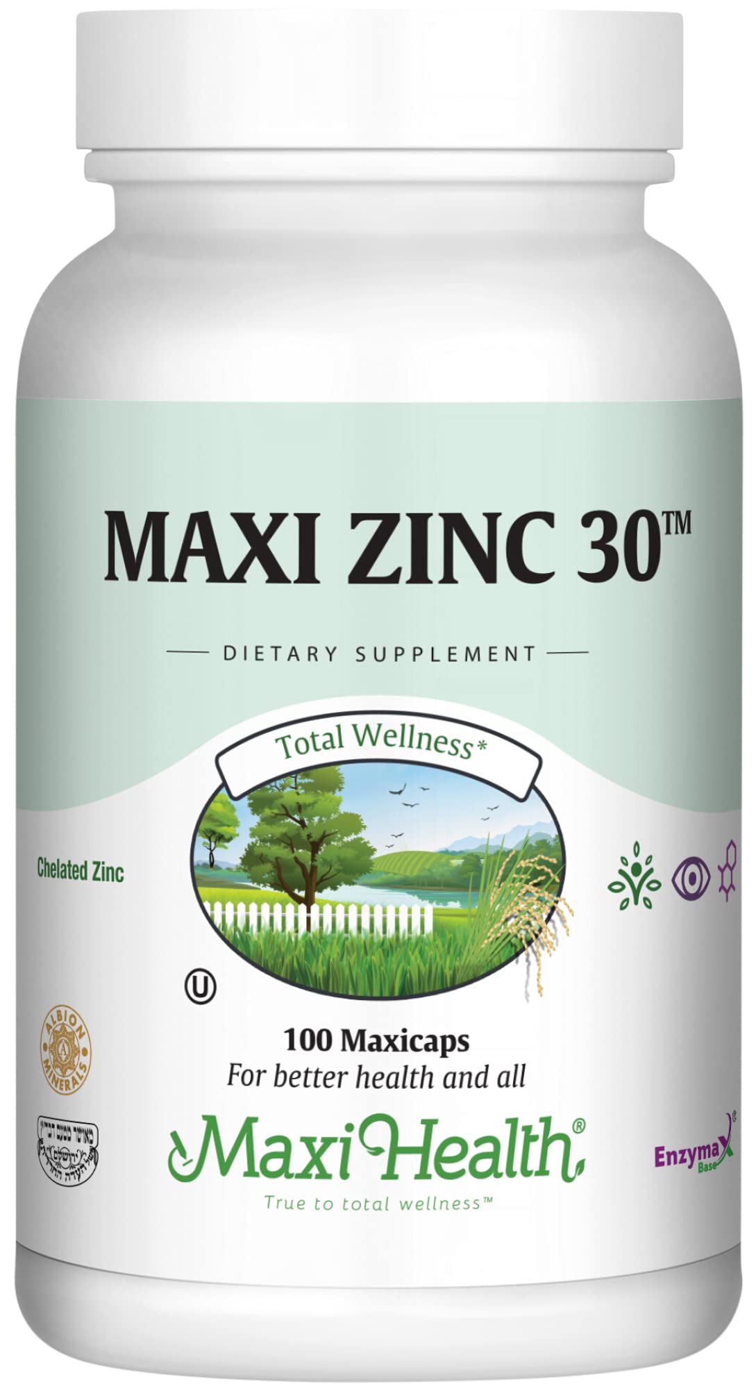 Maxi Health Zinc 30 mg with Enzymax Chelated Zinc Glycinate Capsules, 100 Count